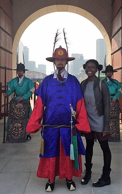 Cecilia at the Gwanghwamun Gate before the Gyeongbokgung Palace in South Korea